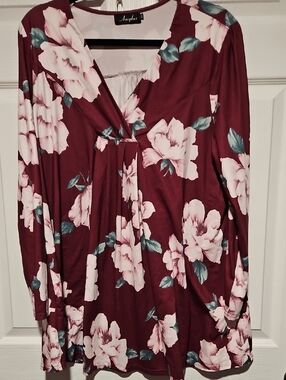 Floral V-Neck Long Sleeve Blouse - Burgundy with Pink Flowers